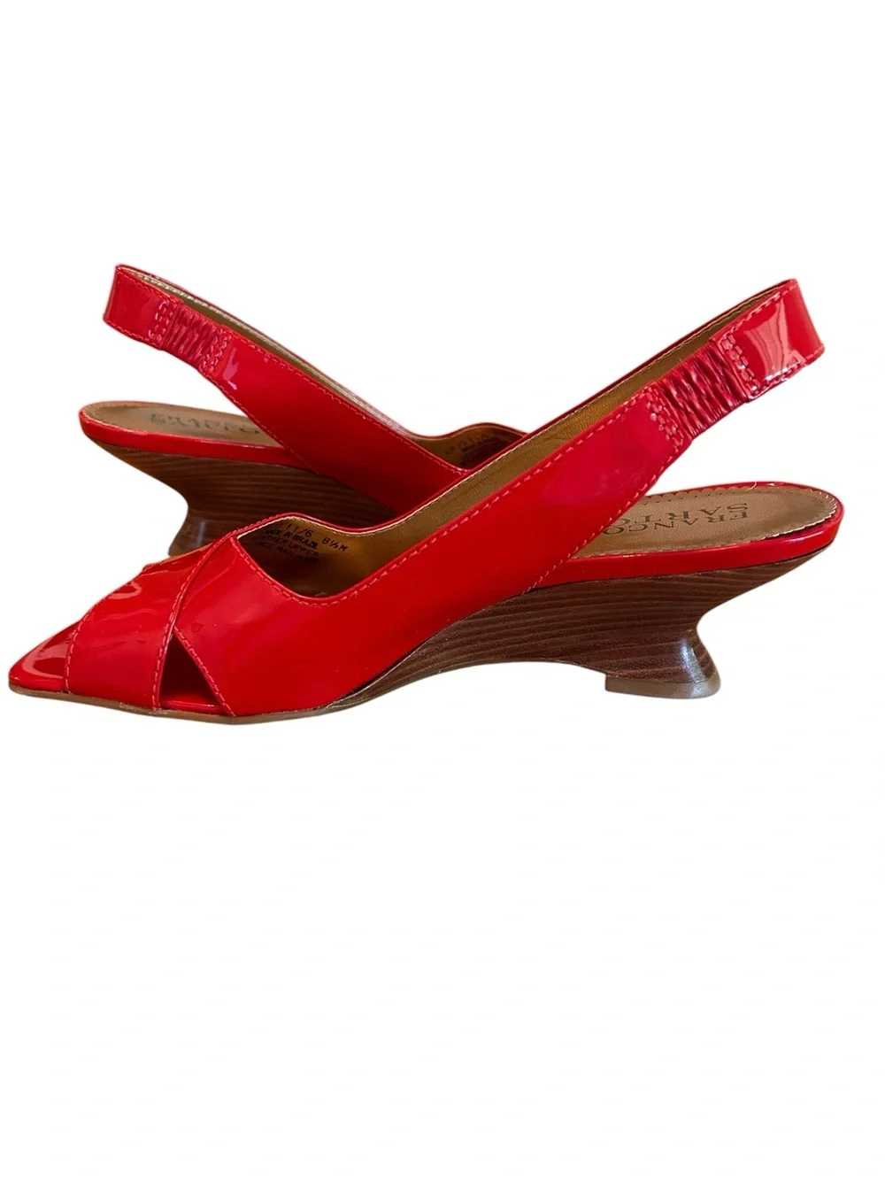 Franco Sarto Slim Wedge Red Patent Slingback Peep-toe Sculptural Heel 8 1/2